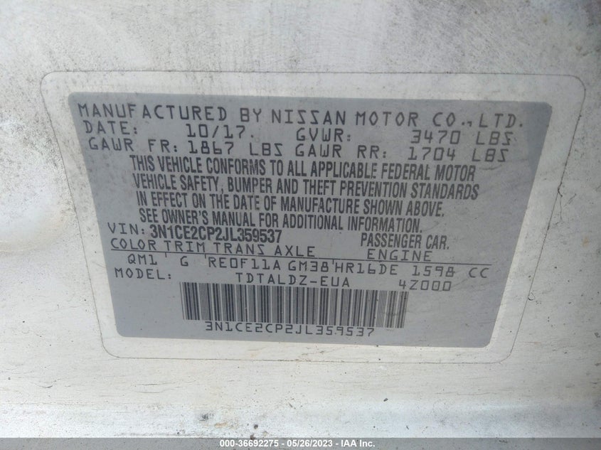 VIN 3N1CE2CP2JL359537 2018 NISSAN VERSA NOTE SV