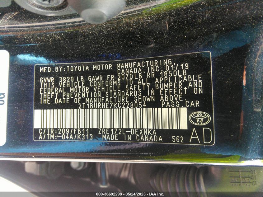 2019 TOYOTA COROLLA LE - 2T1BURHE7KC228054