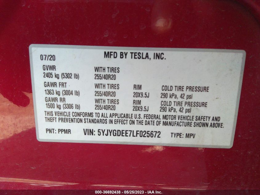 2020 TESLA MODEL Y LONG RANGE - 5YJYGDEE7LF025672