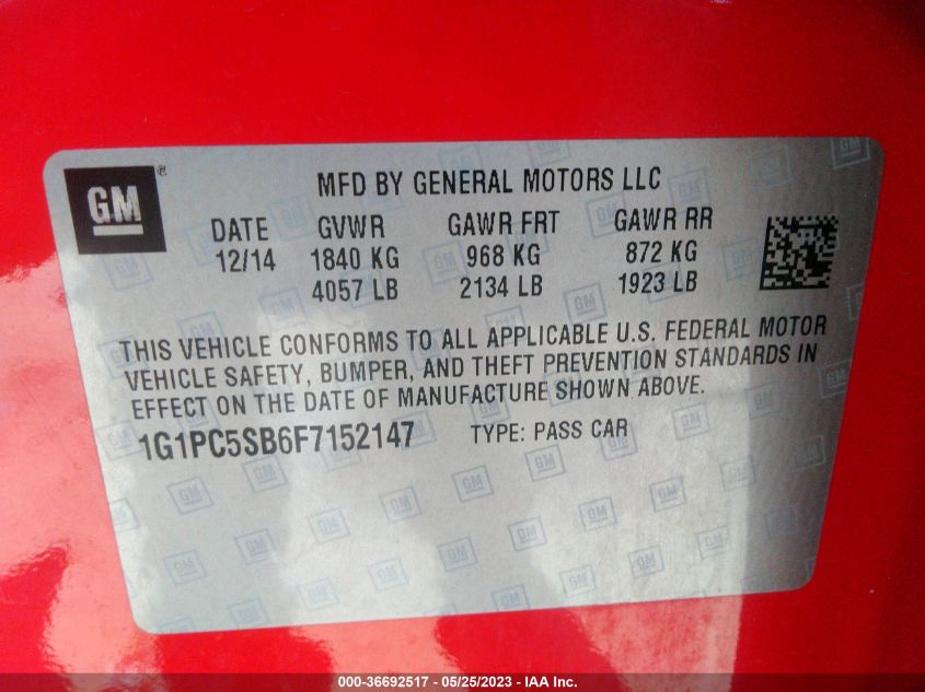 2015 CHEVROLET CRUZE LT - 1G1PC5SB6F7152147