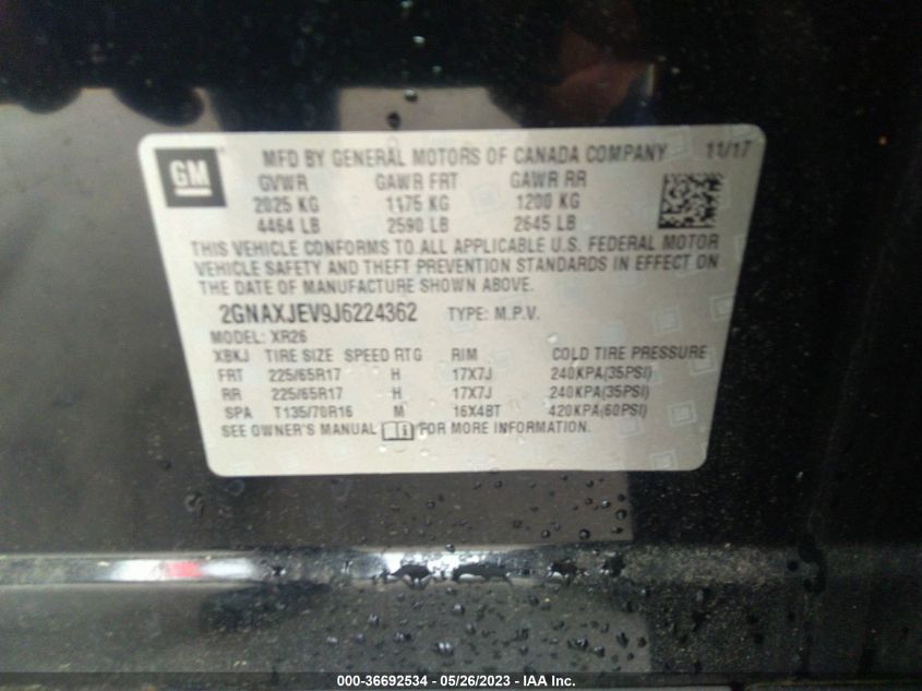 2018 CHEVROLET EQUINOX LT - 2GNAXJEV9J6224362
