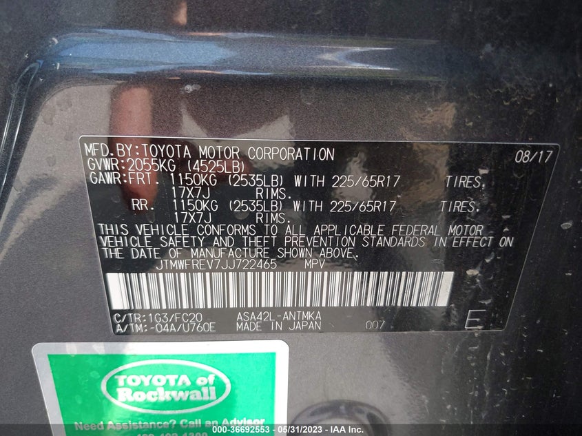 VIN JTMWFREV7JJ722465 2018 TOYOTA RAV4 XLE/ADVENTURE