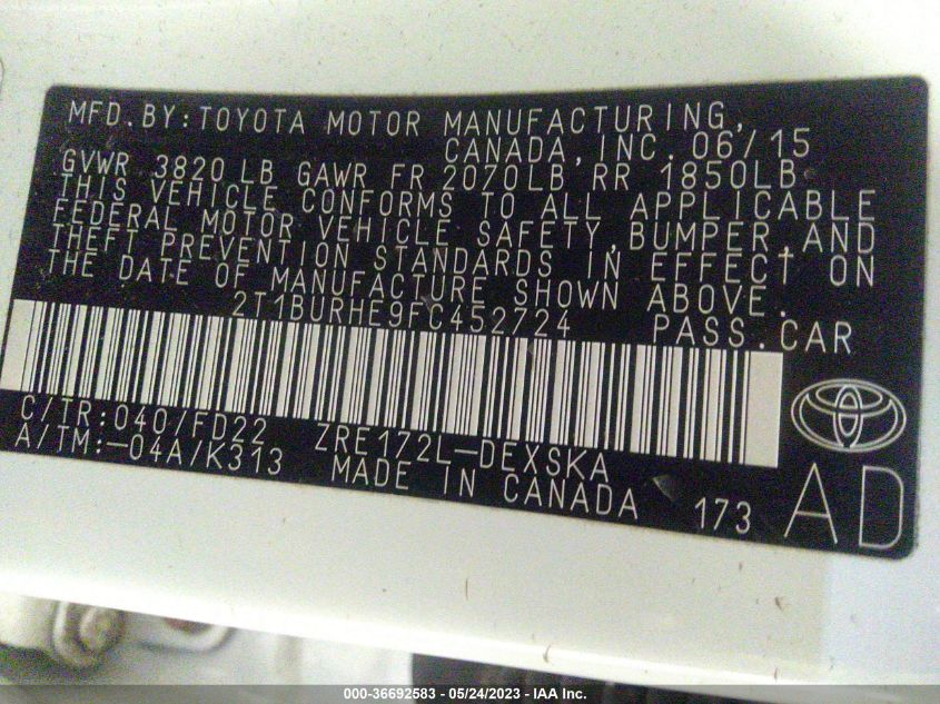 2015 TOYOTA COROLLA L/LE/S/S PLUS/LE PLUS - 2T1BURHE9FC452724