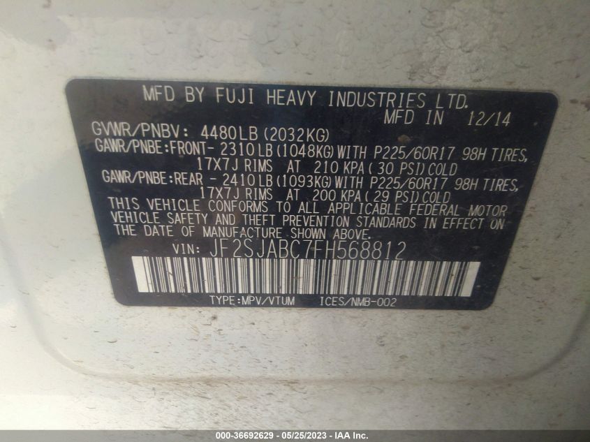 2015 SUBARU FORESTER 2.5I - JF2SJABC7FH568812