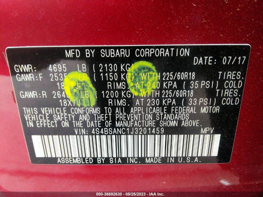 2018 SUBARU OUTBACK LIMITED - 4S4BSANC1J3201459
