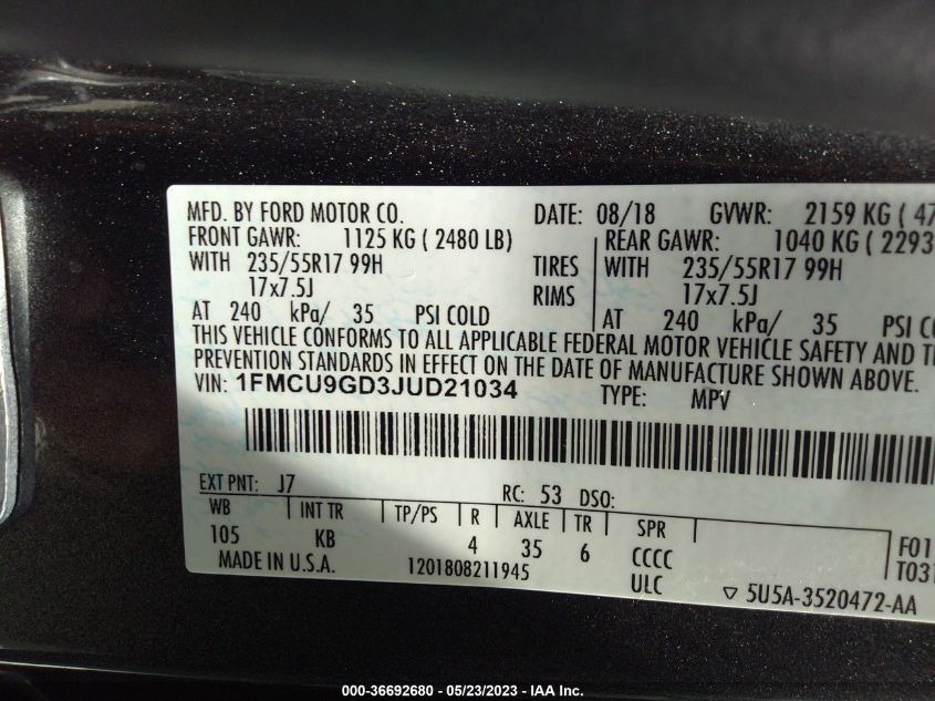2018 FORD ESCAPE SE - 1FMCU9GD3JUD21034