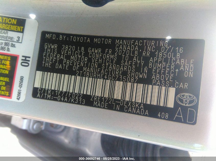 2016 TOYOTA COROLLA L/LE/S/S PLUS/LE PLUS - 2T1BURHE4GC715087