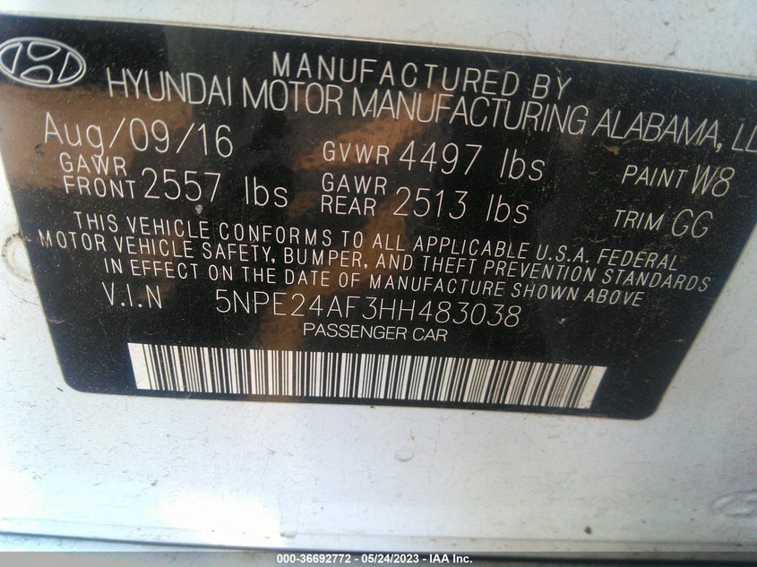 VIN 5NPE24AF3HH483038 2017 HYUNDAI SONATA SE