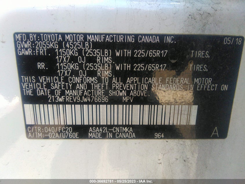 VIN 2T3WFREV9JW476696 2018 TOYOTA RAV4 XLE/ADVENTURE