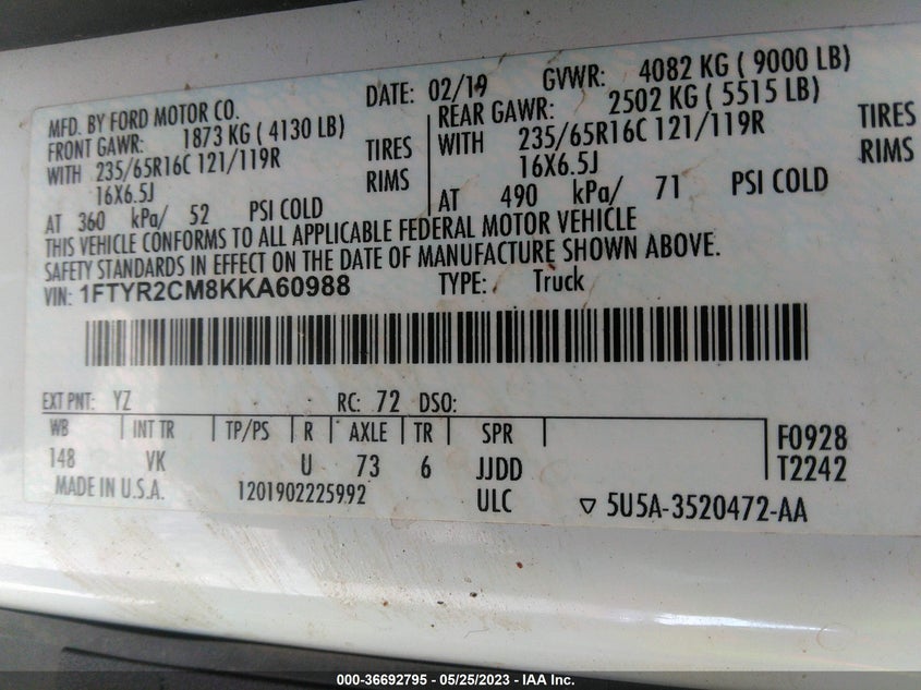 VIN 1FTYR2CM8KKA60988 2019 FORD TRANSIT VAN