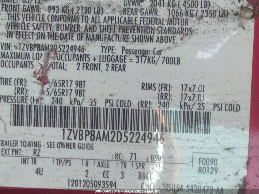 2013 FORD MUSTANG V6 - 1ZVBP8AM2D5224946
