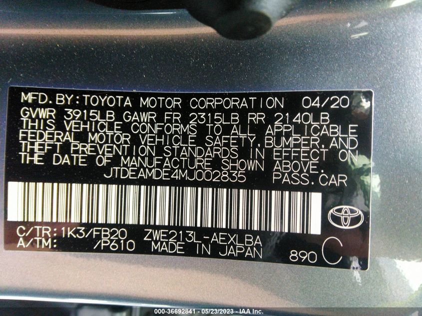 2021 TOYOTA COROLLA HYBRID LE - JTDEAMDE4MJ002835