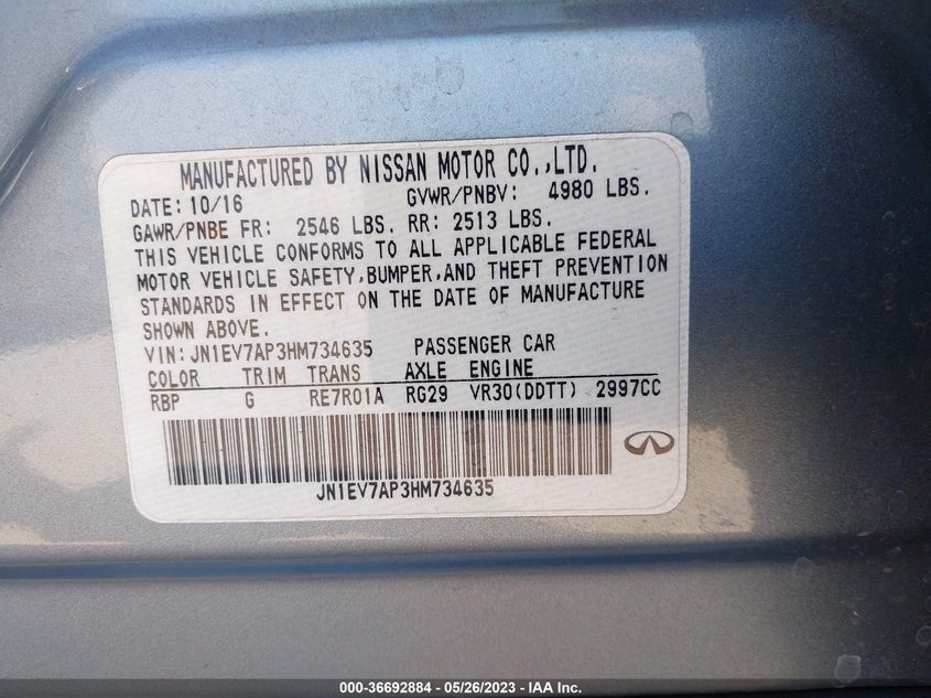 VIN JN1EV7AP3HM734635 2017 INFINITI Q50 3.0T PREMIUM