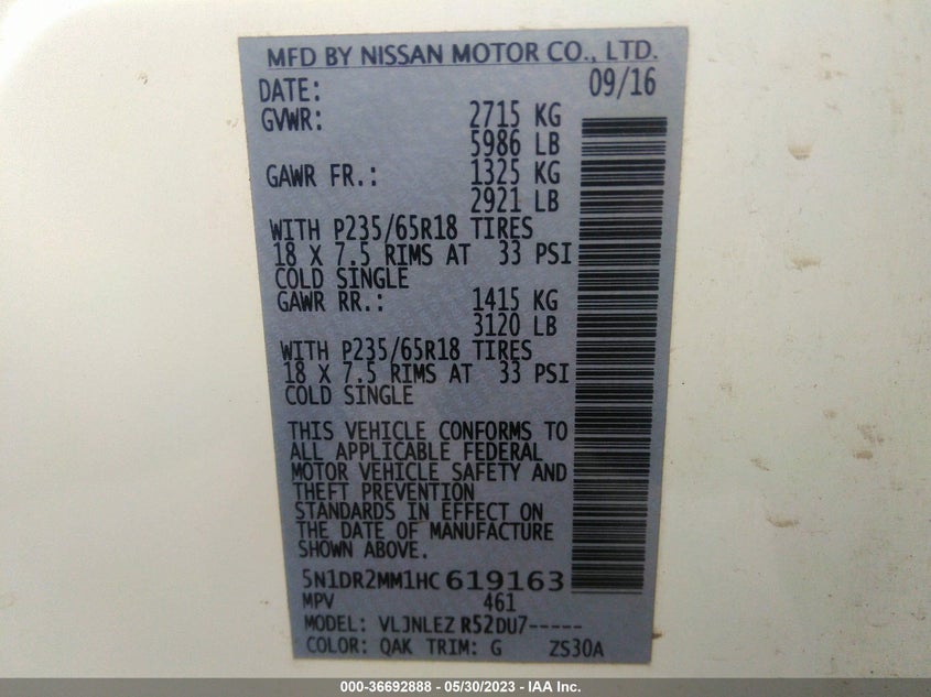VIN 5N1DR2MM1HC619163 2017 NISSAN PATHFINDER SV