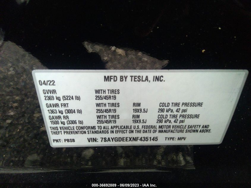 2022 TESLA MODEL Y - 7SAYGDEEXNF435145