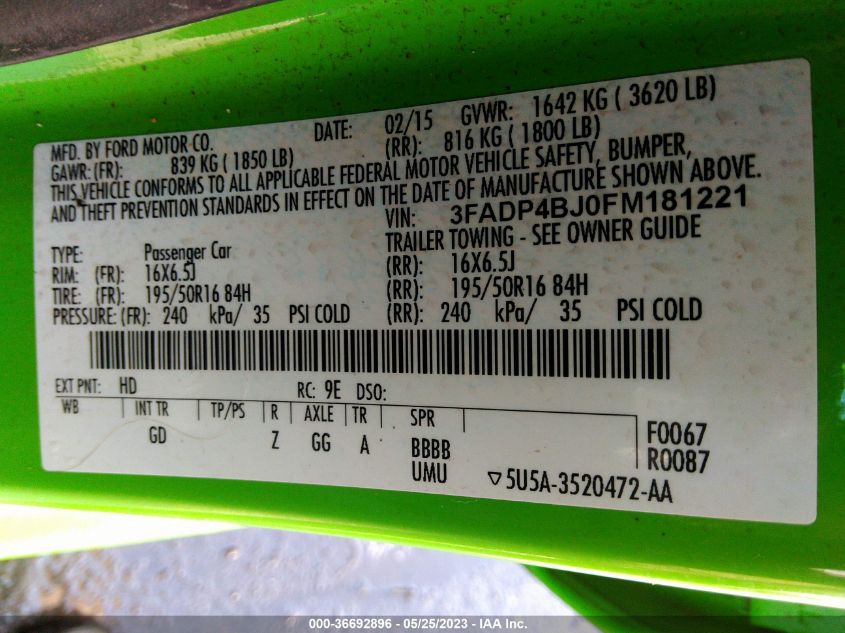 2015 FORD FIESTA SE - 3FADP4BJ0FM181221