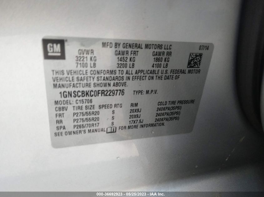 2015 CHEVROLET TAHOE LT - 1GNSCBKC0FR229776