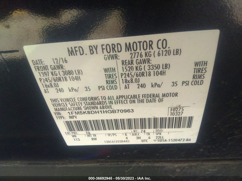 2017 FORD EXPLORER XLT - 1FM5K8DH1HGB70963