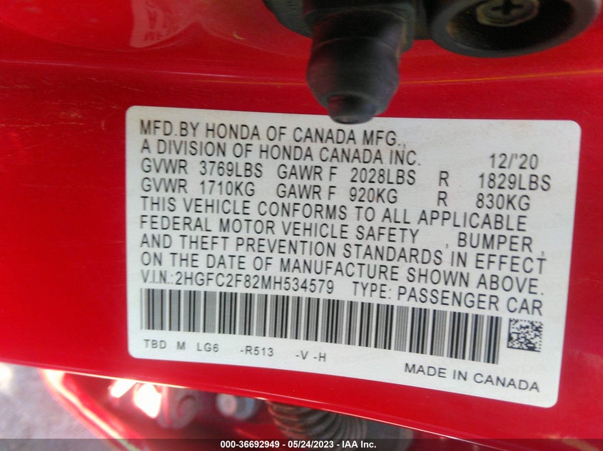 VIN 2HGFC2F82MH534579 2021 HONDA CIVIC SEDAN SPORT