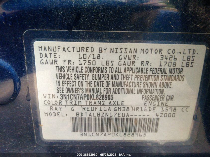 2019 NISSAN VERSA SEDAN SV - 3N1CN7AP0KL828965