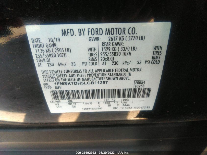 2020 FORD EXPLORER XLT - 1FMSK7DH5LGB11257