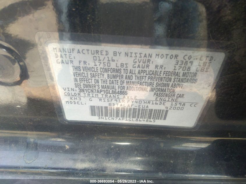 2016 NISSAN VERSA S - 3N1CN7AP1GL864865