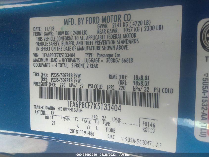 2019 FORD MUSTANG GT - 1FA6P8CF7K5133404