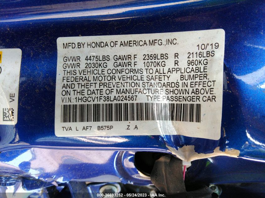 2020 HONDA ACCORD SEDAN SPORT - 1HGCV1F38LA024567