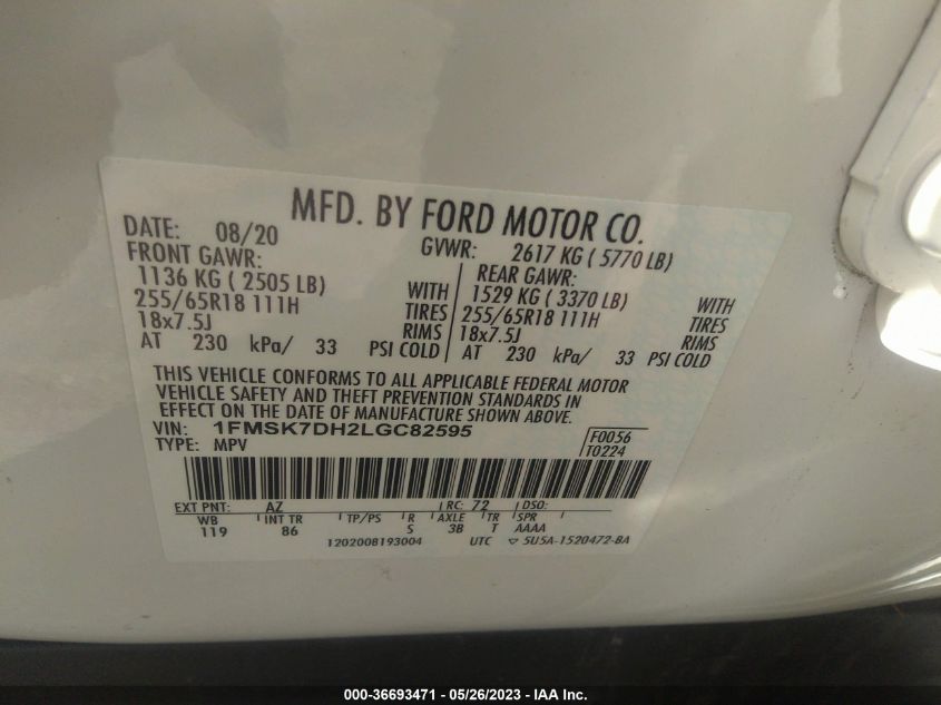 2020 FORD EXPLORER XLT - 1FMSK7DH2LGC82595