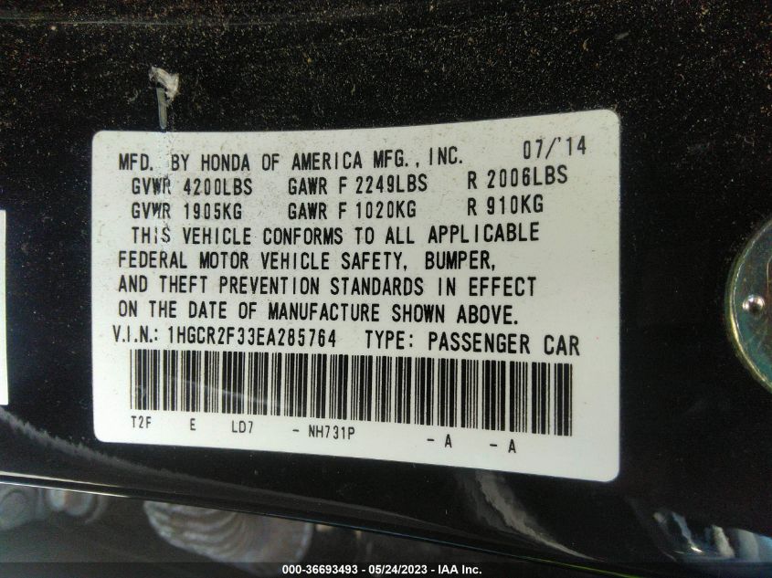 2014 HONDA ACCORD SEDAN LX - 1HGCR2F33EA285764