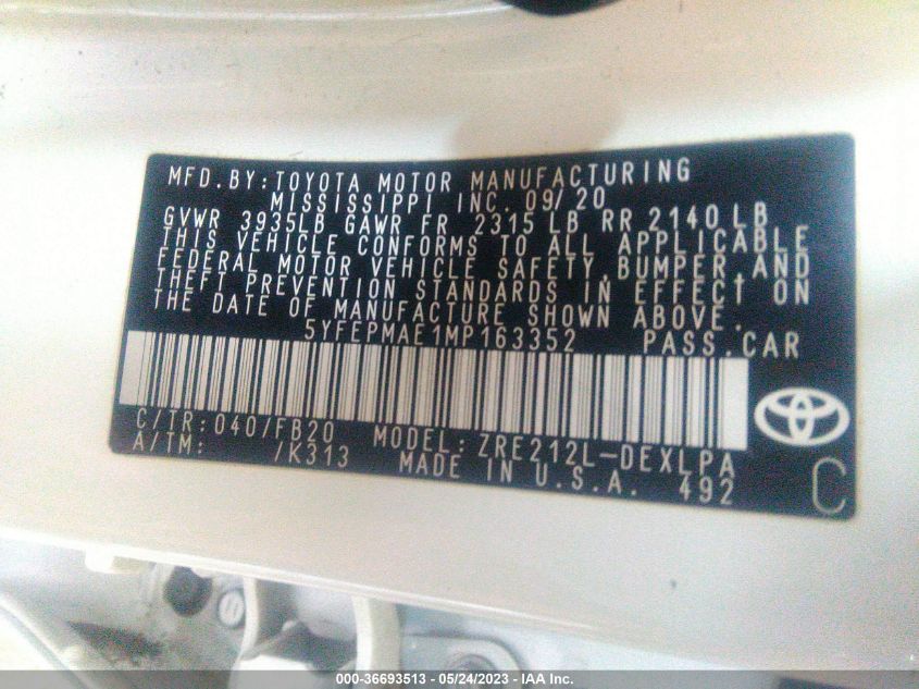 2021 TOYOTA COROLLA LE - 5YFEPMAE1MP163352