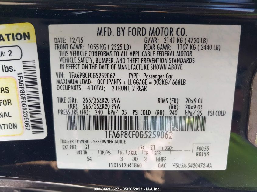 2016 FORD MUSTANG GT - 1FA6P8CF0G5259062