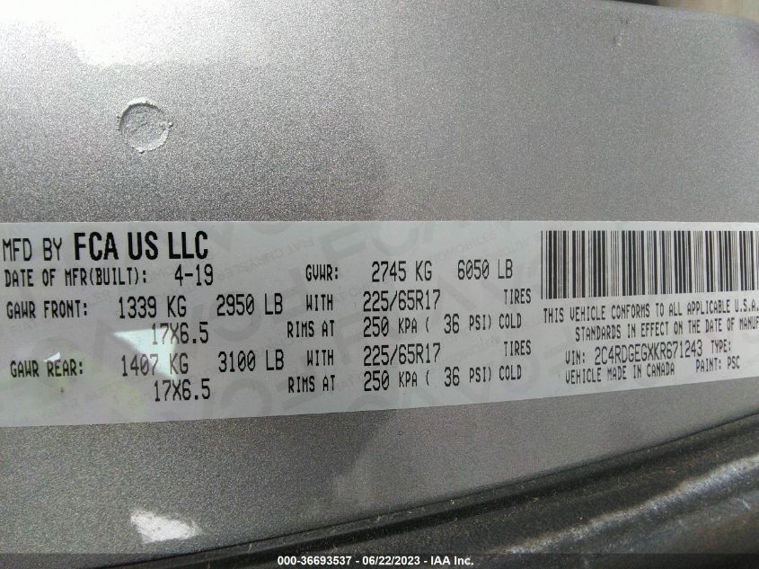 2019 DODGE GRAND CARAVAN GT - 2C4RDGEGXKR671243