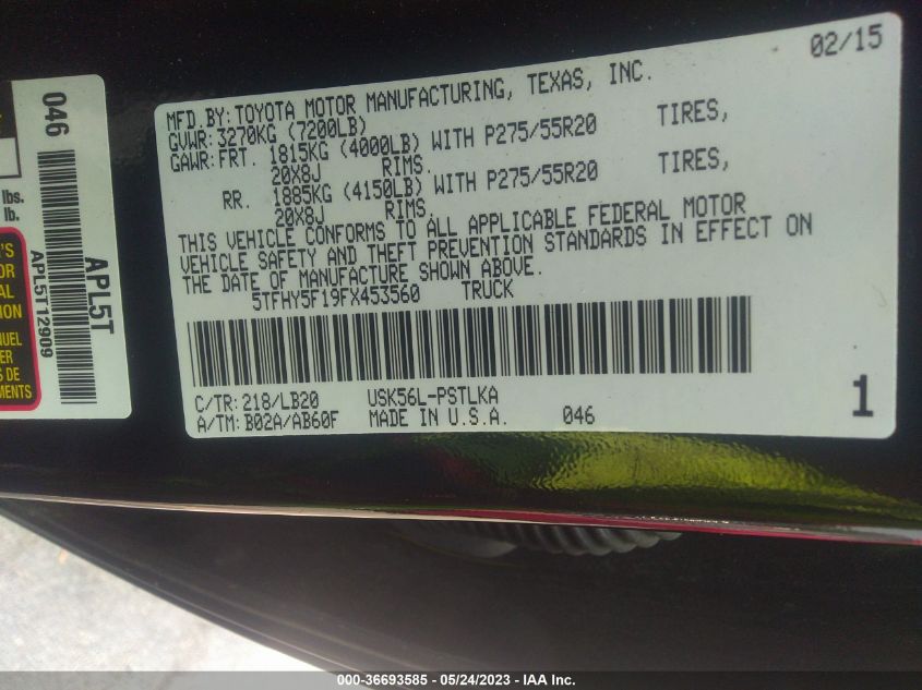 2015 TOYOTA TUNDRA 4WD TRUCK LTD - 5TFHY5F19FX453560
