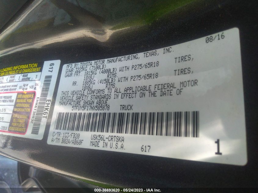 2017 TOYOTA TUNDRA 4WD SR/SR5/TRD PRO - 5TFUY5F17HX585878