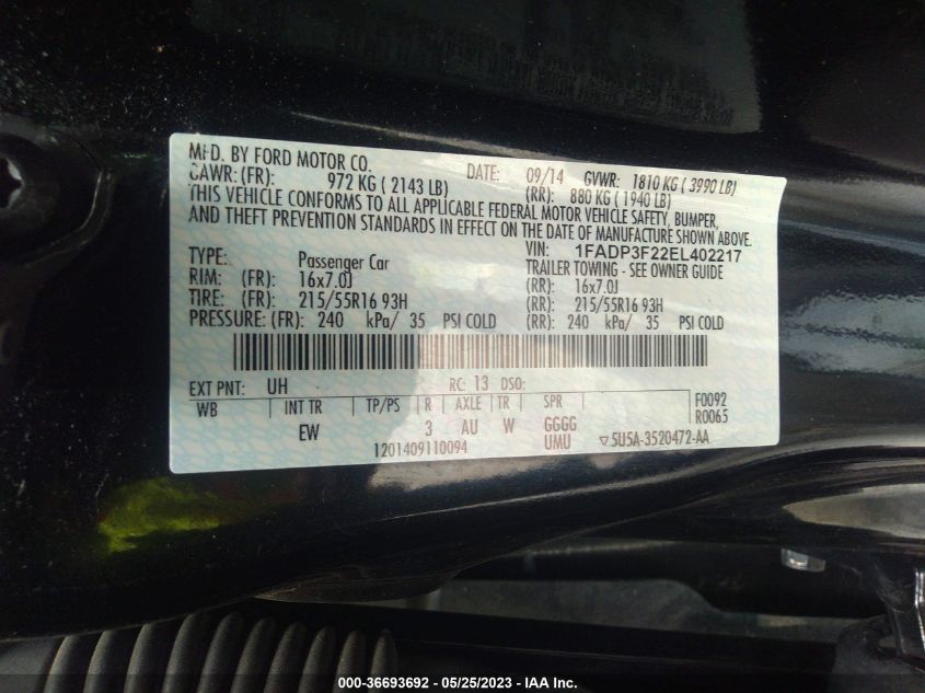 2014 FORD FOCUS SE - 1FADP3F22EL402217