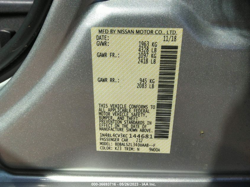 2019 NISSAN ALTIMA 2.5 SR - 1N4BL4CV3KC144681