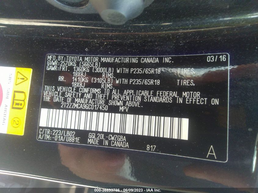 2016 LEXUS RX 350 - 2T2ZZMCA9GC017450