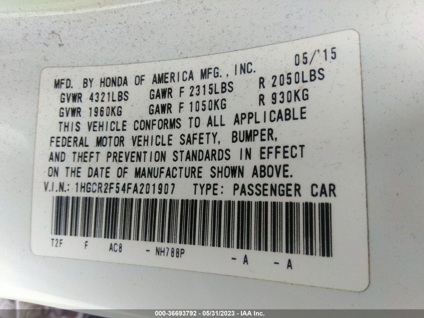 2015 HONDA ACCORD SEDAN SPORT - 1HGCR2F54FA201907