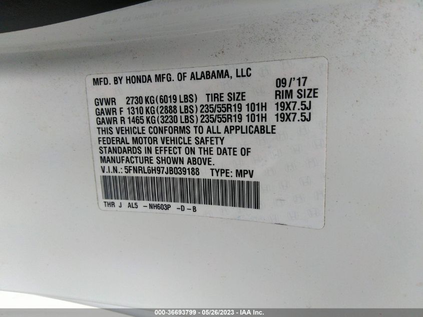 2018 HONDA ODYSSEY ELITE - 5FNRL6H97JB039188