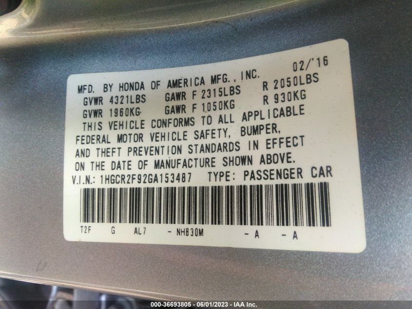 2016 HONDA ACCORD SEDAN EX-L - 1HGCR2F92GA153487