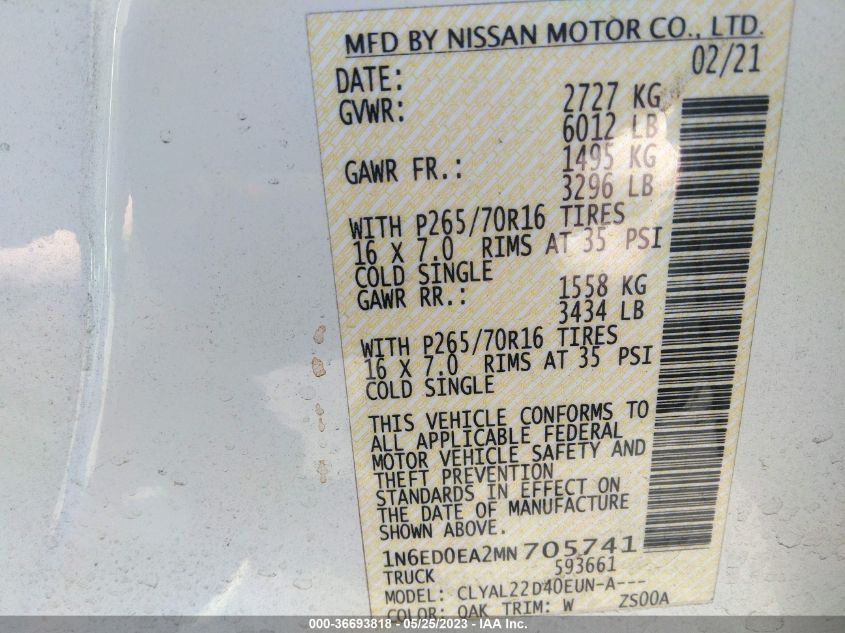 2021 NISSAN FRONTIER SV - 1N6ED0EA2MN705741