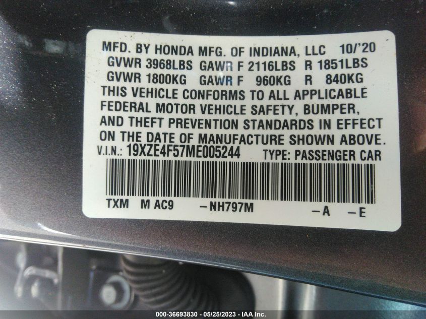 2021 HONDA INSIGHT EX - 19XZE4F57ME005244