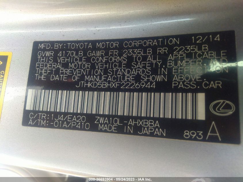2015 LEXUS CT 200H HYBRID - JTHKD5BHXF2226944