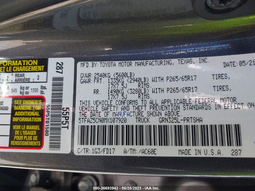 2021 TOYOTA TACOMA 2WD SR5/TRD SPORT - 5TFAZ5CN0MX107920