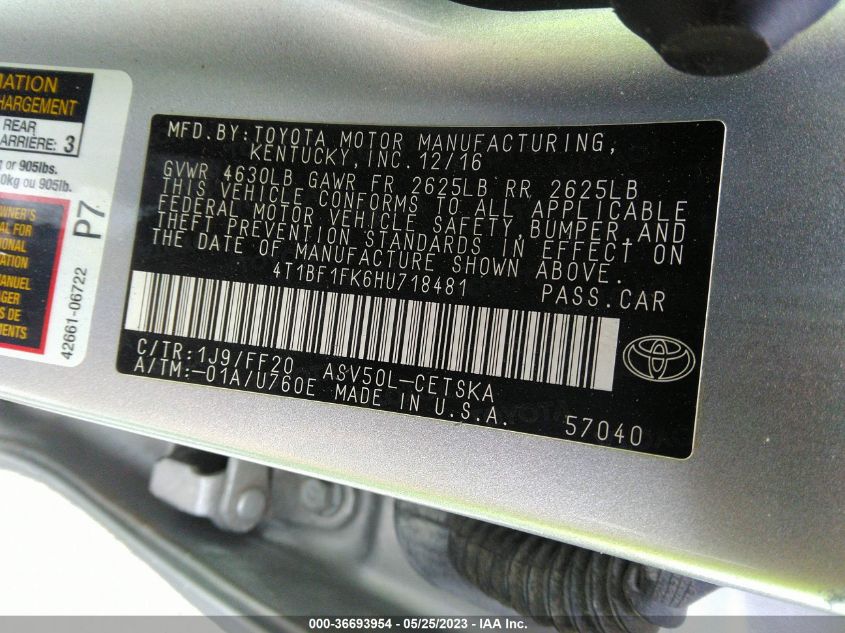 2017 TOYOTA CAMRY SE - 4T1BF1FK6HU718481