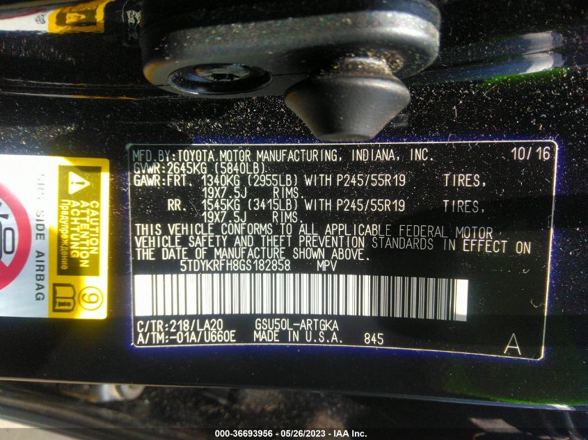 2016 TOYOTA HIGHLANDER LIMITED - 5TDYKRFH8GS182858