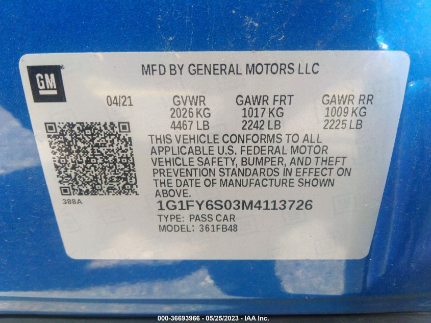 2021 CHEVROLET BOLT EV LT 1G1FY6S03M4113726