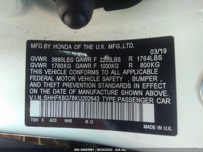2019 HONDA CIVIC TYPE R TOURING - SHHFK8G78KU202643