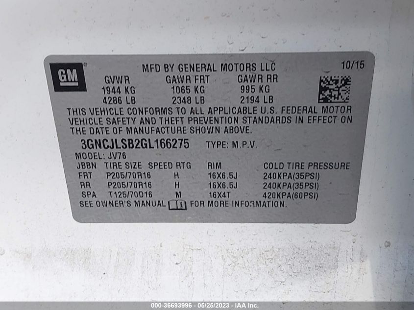 2016 CHEVROLET TRAX LT - 3GNCJLSB2GL166275